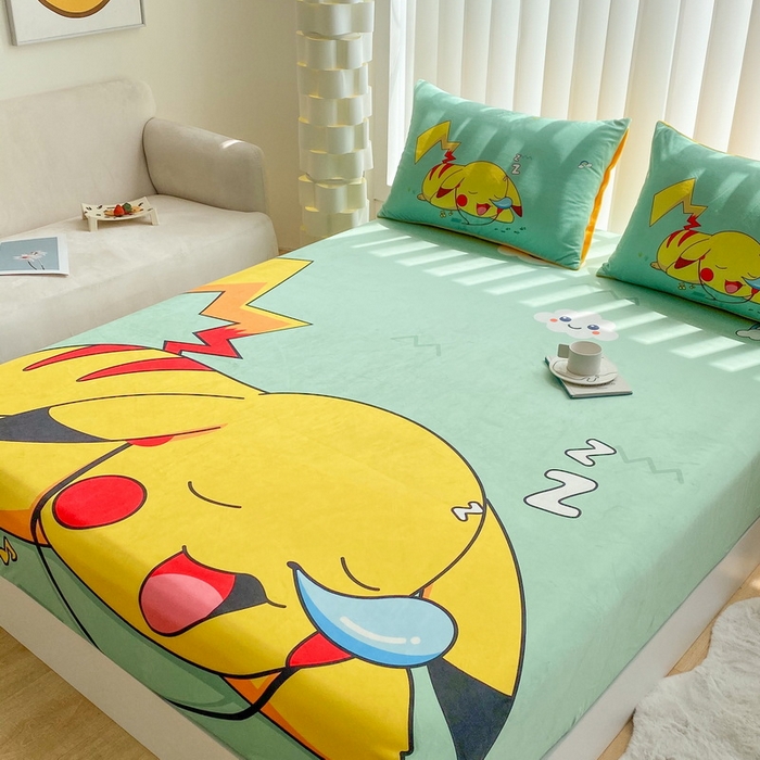 91家纺网 家纺一手货源 找家纺 一电 2025新款跨境电商床笠冬天德芙绒床笠单件加绒加厚绒床罩儿童学生宿舍床垫套床笠罩 呼呼皮卡丘