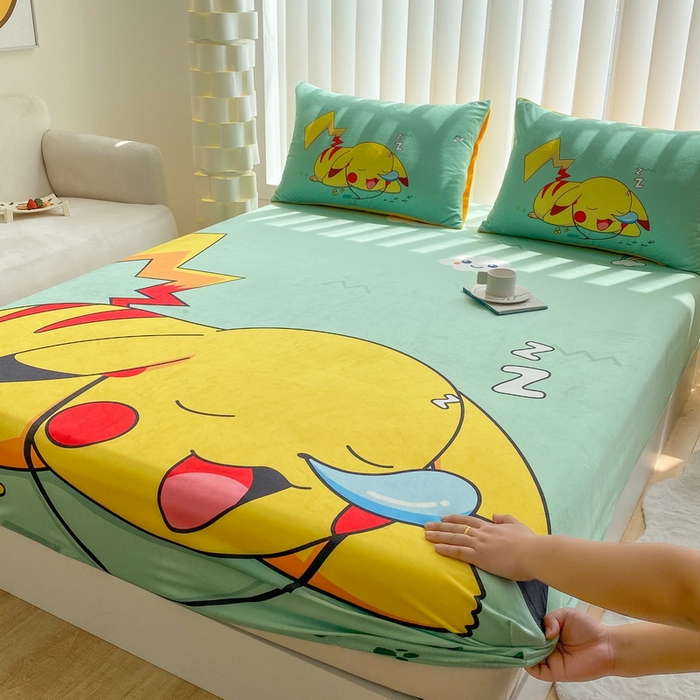 91家纺网 家纺一手货源 找家纺 一电 2025新款跨境电商床笠冬天德芙绒床笠单件加绒加厚绒床罩儿童学生宿舍床垫套床笠罩 呼呼皮卡丘