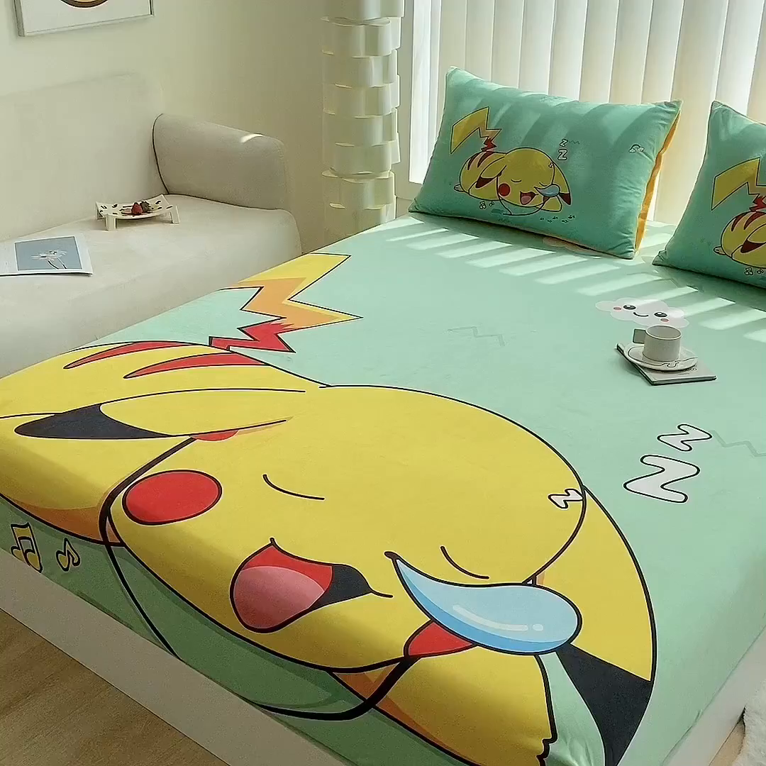 91家纺网 家纺一手货源 找家纺 一电 2025新款跨境电商床笠冬天德芙绒床笠单件加绒加厚绒床罩儿童学生宿舍床垫套床笠罩 呼呼皮卡丘