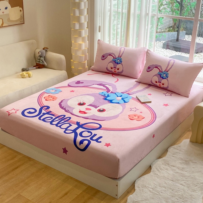 91家纺网 家纺一手货源 找家纺 一电 2025新款跨境电商床笠冬天德芙绒床笠单件加绒加厚绒床罩儿童学生宿舍床垫套床笠罩 可爱星黛露