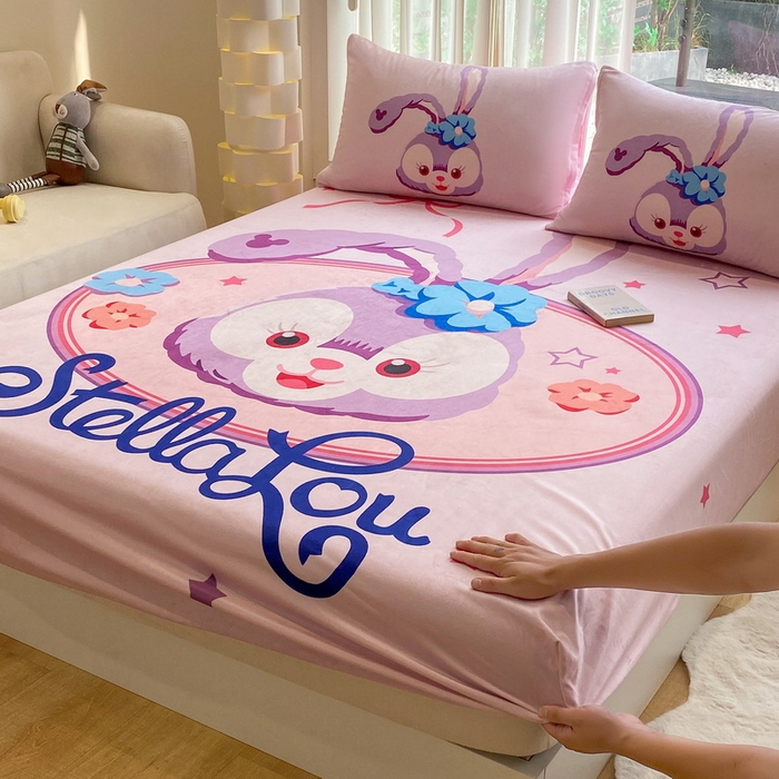 91家纺网 家纺一手货源 找家纺 一电 2025新款跨境电商床笠冬天德芙绒床笠单件加绒加厚绒床罩儿童学生宿舍床垫套床笠罩 可爱星黛露