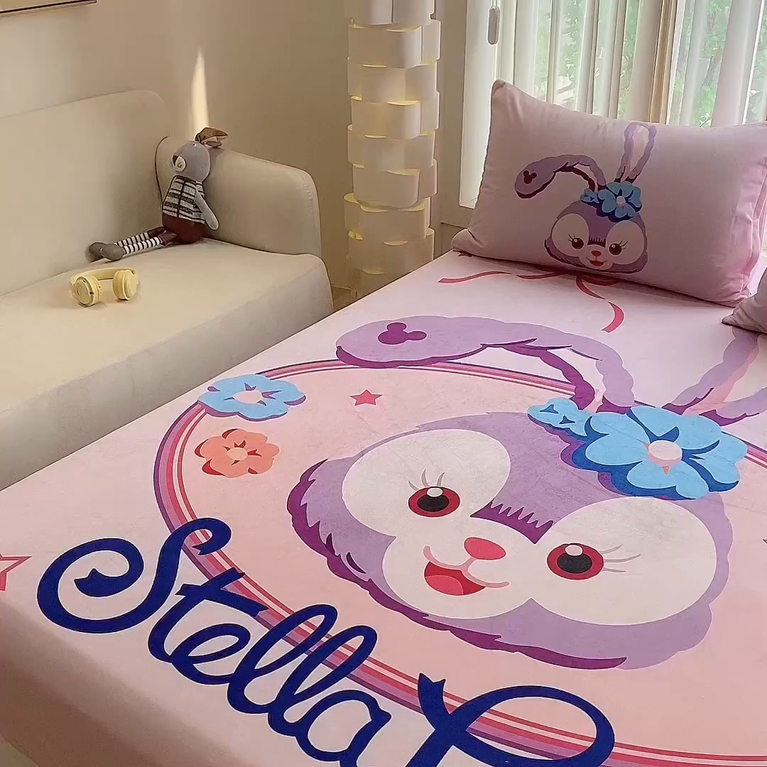 91家纺网 家纺一手货源 找家纺 一电 2025新款跨境电商床笠冬天德芙绒床笠单件加绒加厚绒床罩儿童学生宿舍床垫套床笠罩 可爱星黛露