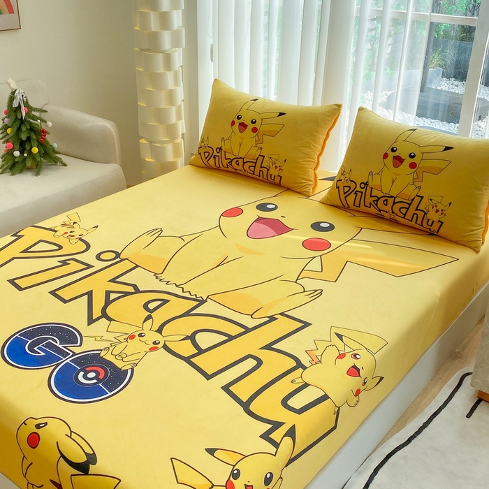 91家纺网 家纺一手货源 找家纺 一电 2025新款跨境电商床笠冬天德芙绒床笠单件加绒加厚绒床罩儿童学生宿舍床垫套床笠罩 皮卡丘家族