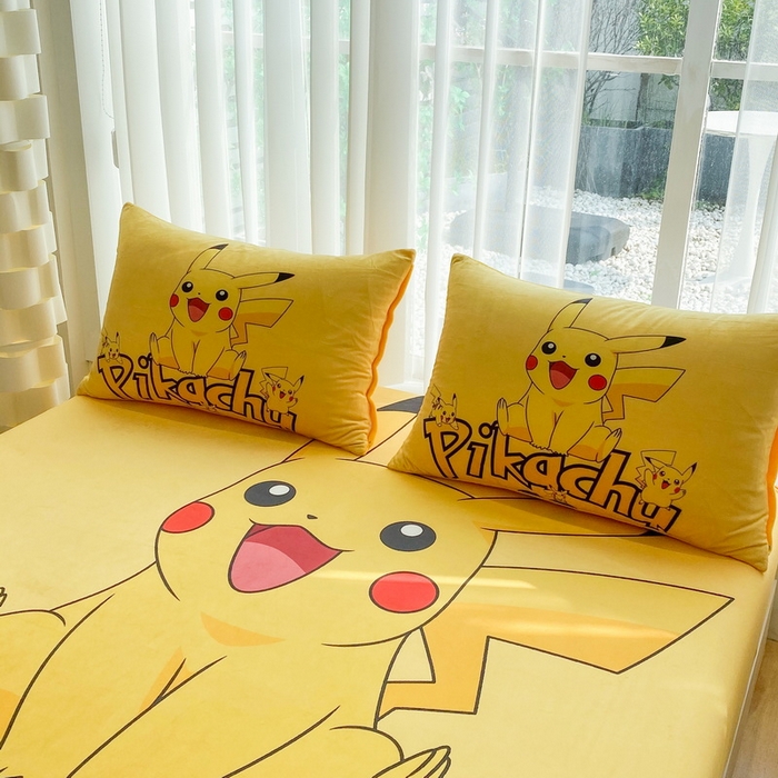 91家纺网 家纺一手货源 找家纺 一电 2025新款跨境电商床笠冬天德芙绒床笠单件加绒加厚绒床罩儿童学生宿舍床垫套床笠罩 皮卡丘家族