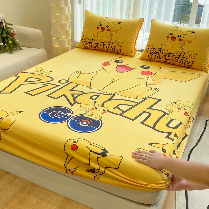 91家纺网 家纺一手货源 找家纺 一电 2025新款跨境电商床笠冬天德芙绒床笠单件加绒加厚绒床罩儿童学生宿舍床垫套床笠罩 皮卡丘家族