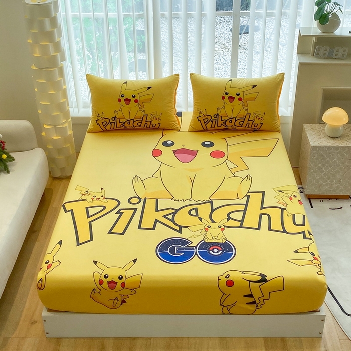 91家纺网 家纺一手货源 找家纺 一电 2025新款跨境电商床笠冬天德芙绒床笠单件加绒加厚绒床罩儿童学生宿舍床垫套床笠罩 皮卡丘家族