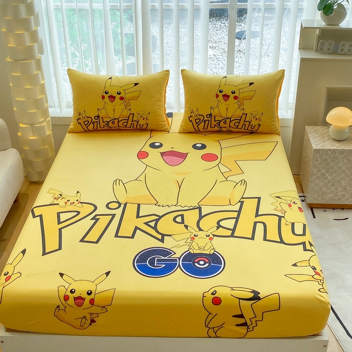 91家纺网 家纺一手货源 找家纺 一电 2025新款跨境电商床笠冬天德芙绒床笠单件加绒加厚绒床罩儿童学生宿舍床垫套床笠罩 皮卡丘家族