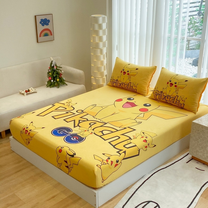 91家纺网 家纺一手货源 找家纺 一电 2025新款跨境电商床笠冬天德芙绒床笠单件加绒加厚绒床罩儿童学生宿舍床垫套床笠罩 皮卡丘家族