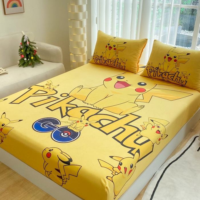 91家纺网 家纺一手货源 找家纺 一电 2025新款跨境电商床笠冬天德芙绒床笠单件加绒加厚绒床罩儿童学生宿舍床垫套床笠罩 皮卡丘家族