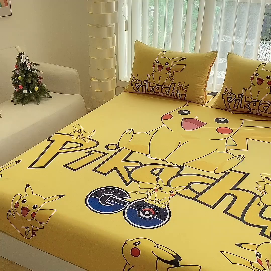 91家纺网 家纺一手货源 找家纺 一电 2025新款跨境电商床笠冬天德芙绒床笠单件加绒加厚绒床罩儿童学生宿舍床垫套床笠罩 皮卡丘家族