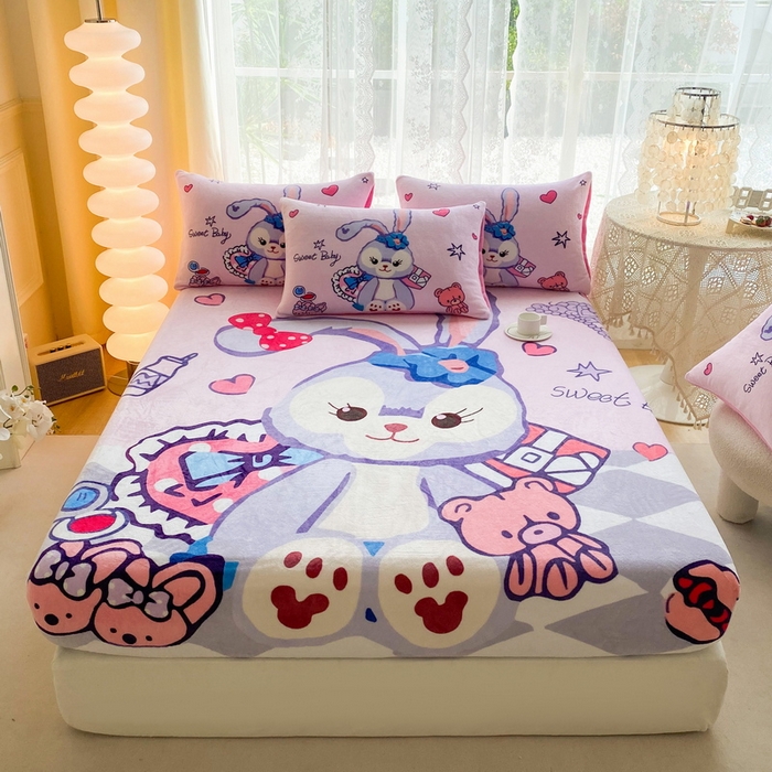 91家纺网 家纺一手货源 找家纺 （总）一电 外贸2025新款卡通珊瑚绒床笠单件床罩冬季加厚牛奶绒床垫保护罩全包床单套