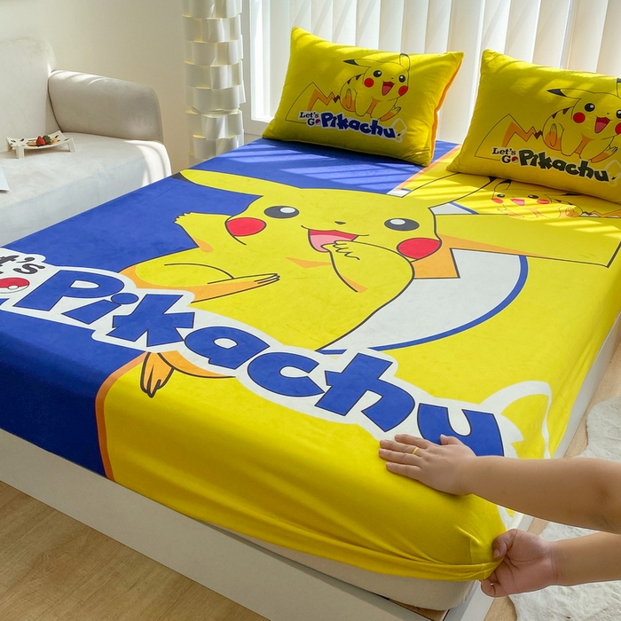 91家纺网 家纺一手货源 找家纺 一电 2025新款跨境电商床笠冬天德芙绒床笠单件加绒加厚绒床罩儿童学生宿舍床垫套床笠罩 淘气皮卡丘