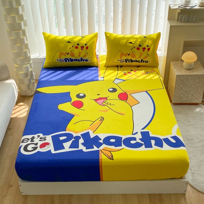 91家纺网 家纺一手货源 找家纺 一电 2025新款跨境电商床笠冬天德芙绒床笠单件加绒加厚绒床罩儿童学生宿舍床垫套床笠罩 淘气皮卡丘