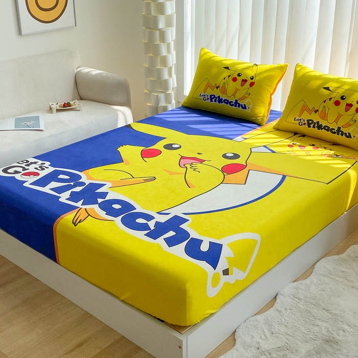 91家纺网 家纺一手货源 找家纺 一电 2025新款跨境电商床笠冬天德芙绒床笠单件加绒加厚绒床罩儿童学生宿舍床垫套床笠罩 淘气皮卡丘