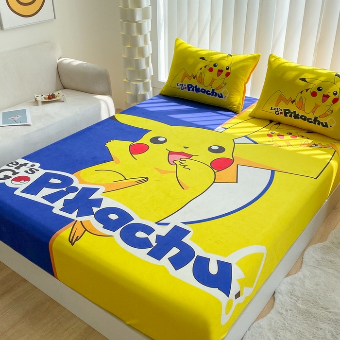 91家纺网 家纺一手货源 找家纺 一电 2025新款跨境电商床笠冬天德芙绒床笠单件加绒加厚绒床罩儿童学生宿舍床垫套床笠罩 淘气皮卡丘