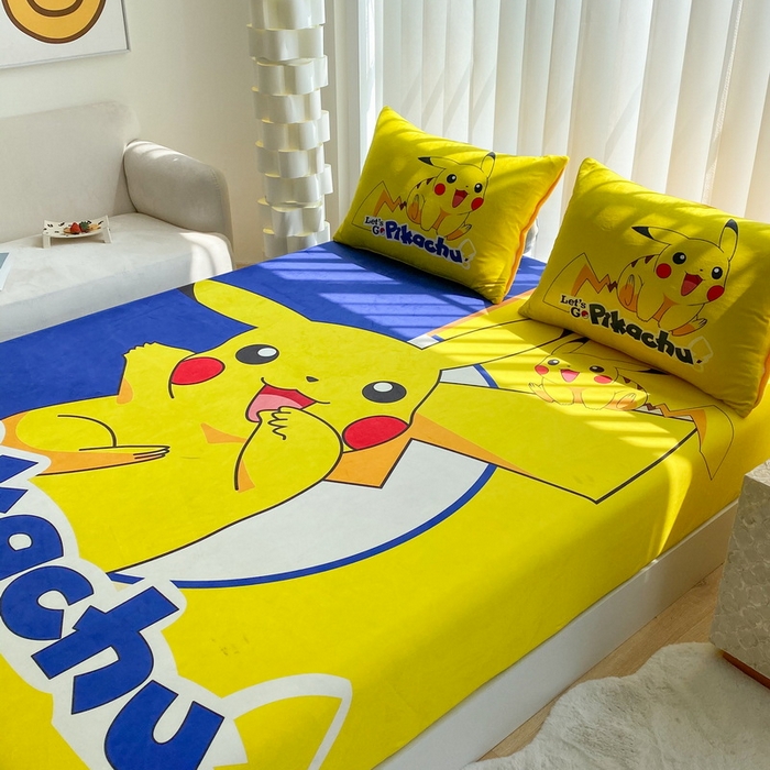 91家纺网 家纺一手货源 找家纺 一电 2025新款跨境电商床笠冬天德芙绒床笠单件加绒加厚绒床罩儿童学生宿舍床垫套床笠罩 淘气皮卡丘