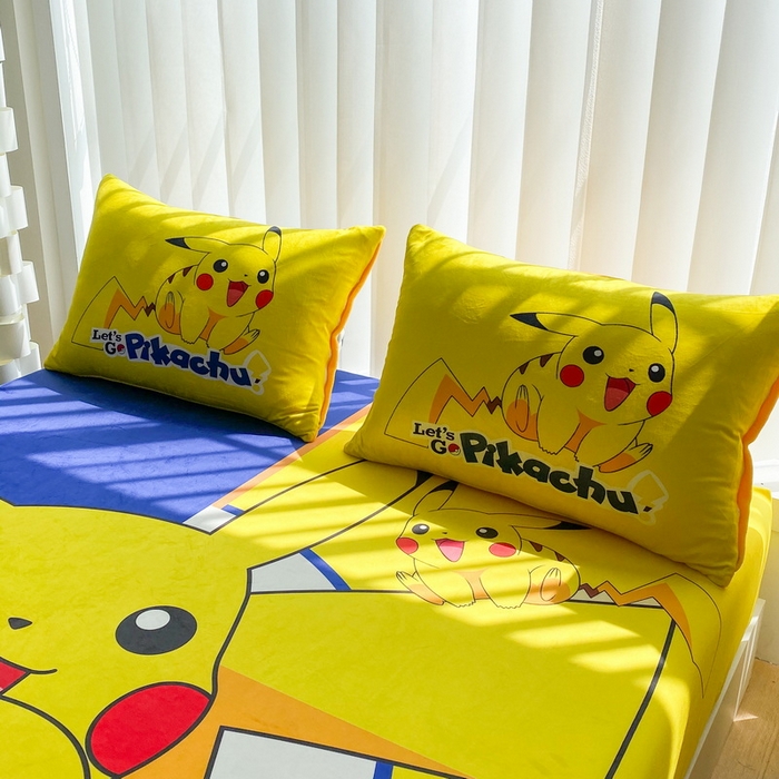 91家纺网 家纺一手货源 找家纺 一电 2025新款跨境电商床笠冬天德芙绒床笠单件加绒加厚绒床罩儿童学生宿舍床垫套床笠罩 淘气皮卡丘