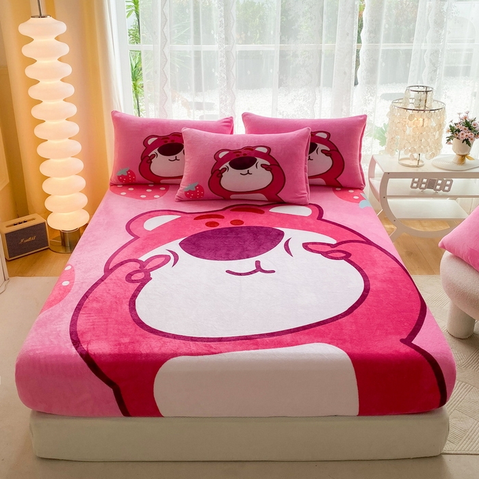 91家纺网 家纺一手货源 找家纺 （总）一电 外贸2025新款卡通珊瑚绒床笠单件床罩冬季加厚牛奶绒床垫保护罩全包床单套