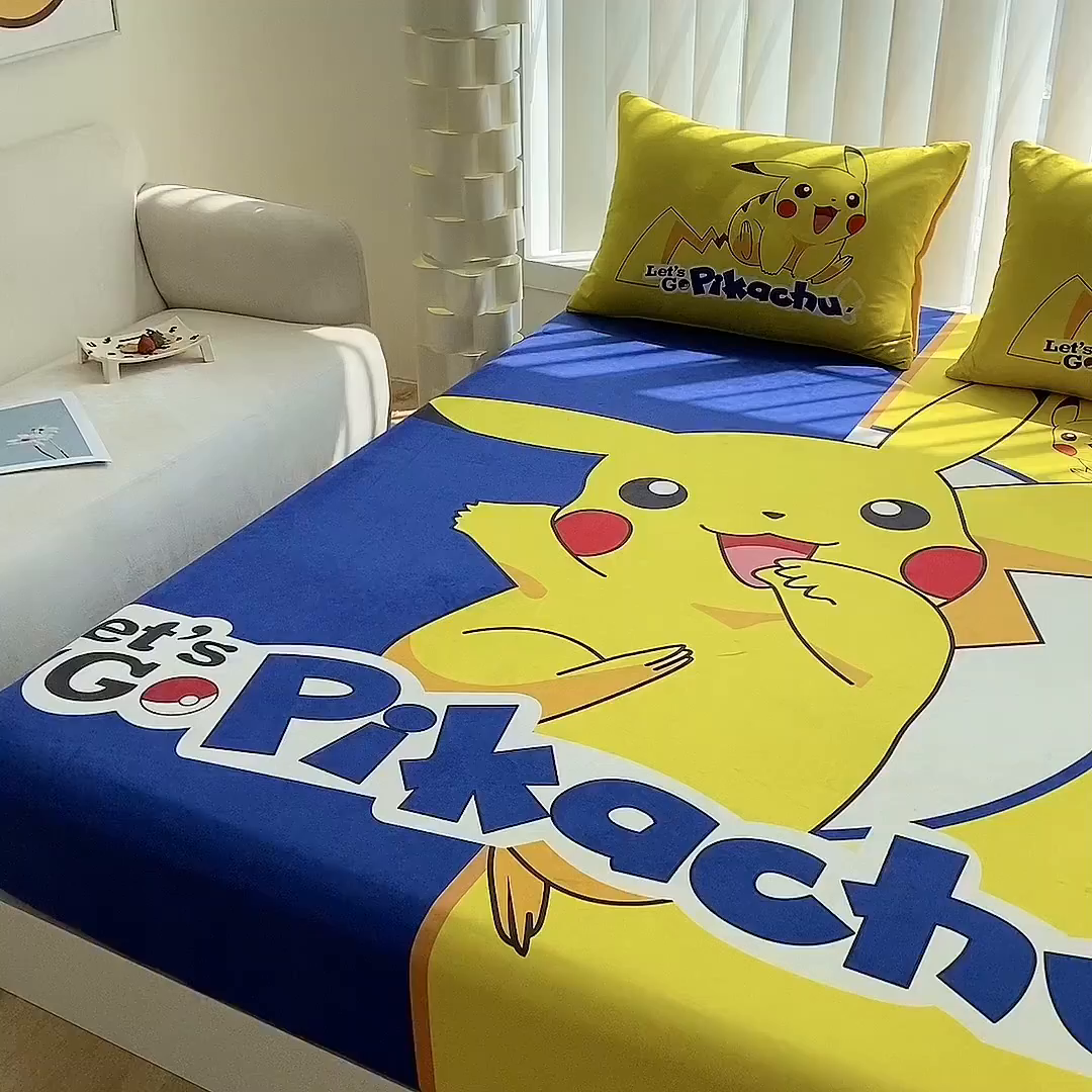 91家纺网 家纺一手货源 找家纺 一电 2025新款跨境电商床笠冬天德芙绒床笠单件加绒加厚绒床罩儿童学生宿舍床垫套床笠罩 淘气皮卡丘