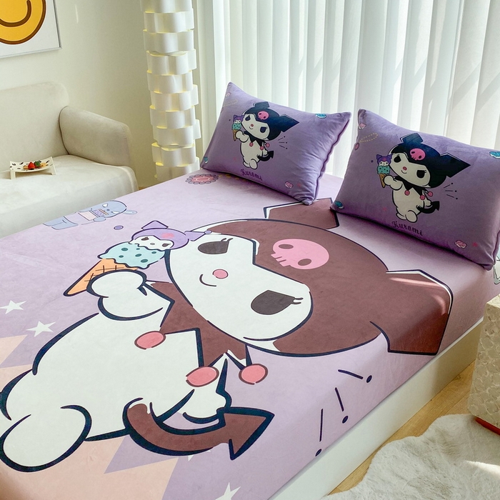 91家纺网 家纺一手货源 找家纺 一电 2025新款跨境电商床笠冬天德芙绒床笠单件加绒加厚绒床罩儿童学生宿舍床垫套床笠罩 甜筒库洛米