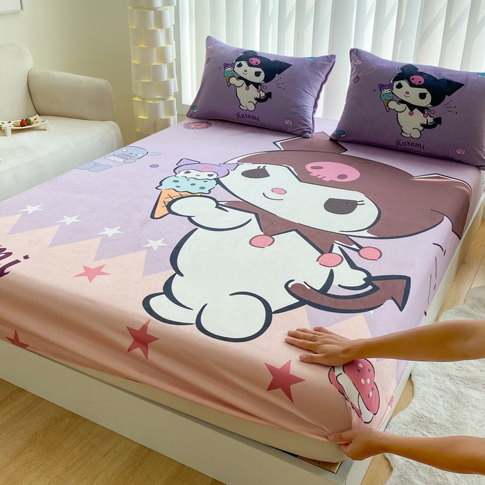 91家纺网 家纺一手货源 找家纺 一电 2025新款跨境电商床笠冬天德芙绒床笠单件加绒加厚绒床罩儿童学生宿舍床垫套床笠罩 甜筒库洛米