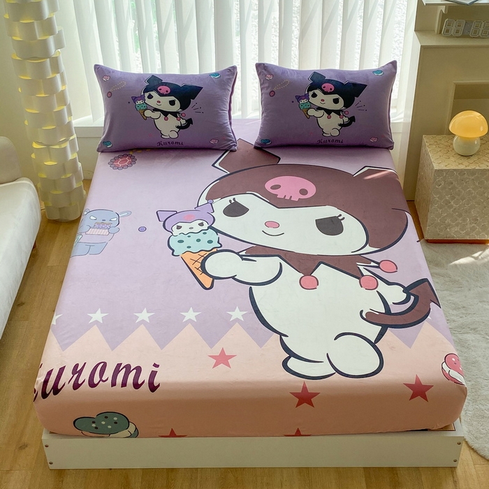 91家纺网 家纺一手货源 找家纺 一电 2025新款跨境电商床笠冬天德芙绒床笠单件加绒加厚绒床罩儿童学生宿舍床垫套床笠罩 甜筒库洛米