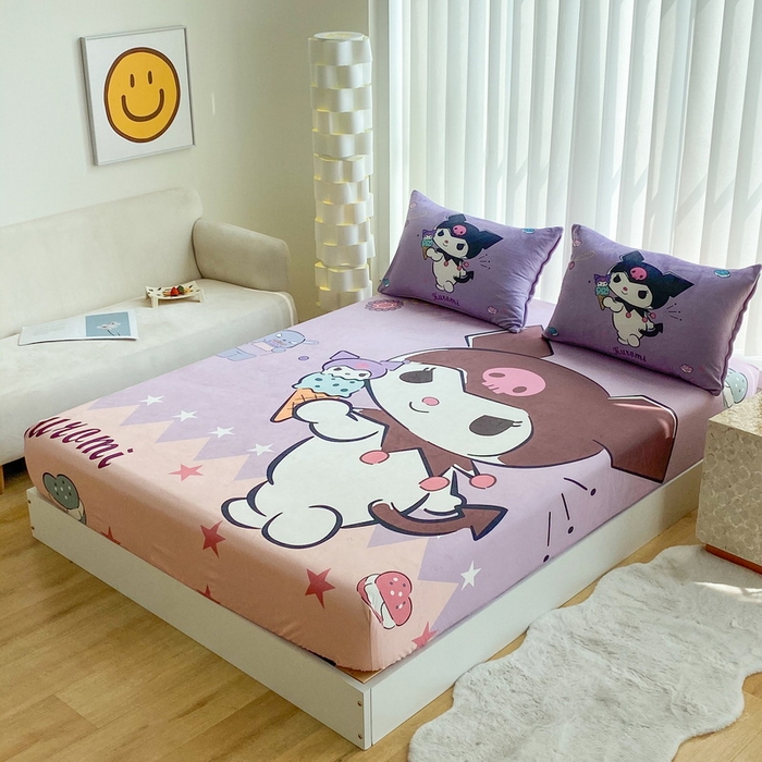 91家纺网 家纺一手货源 找家纺 一电 2025新款跨境电商床笠冬天德芙绒床笠单件加绒加厚绒床罩儿童学生宿舍床垫套床笠罩 甜筒库洛米