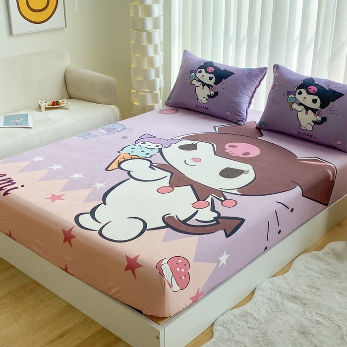 91家纺网 家纺一手货源 找家纺 一电 2025新款跨境电商床笠冬天德芙绒床笠单件加绒加厚绒床罩儿童学生宿舍床垫套床笠罩 甜筒库洛米