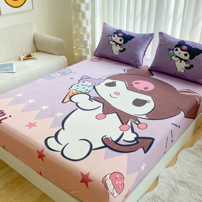 91家纺网 家纺一手货源 找家纺 一电 2025新款跨境电商床笠冬天德芙绒床笠单件加绒加厚绒床罩儿童学生宿舍床垫套床笠罩 甜筒库洛米