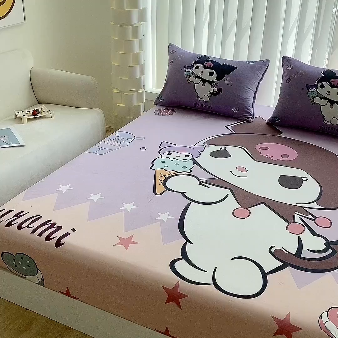 91家纺网 家纺一手货源 找家纺 一电 2025新款跨境电商床笠冬天德芙绒床笠单件加绒加厚绒床罩儿童学生宿舍床垫套床笠罩 甜筒库洛米