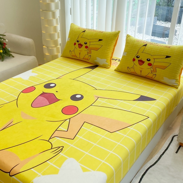 91家纺网 家纺一手货源 找家纺 一电 2025新款跨境电商床笠冬天德芙绒床笠单件加绒加厚绒床罩儿童学生宿舍床垫套床笠罩 网红皮卡丘