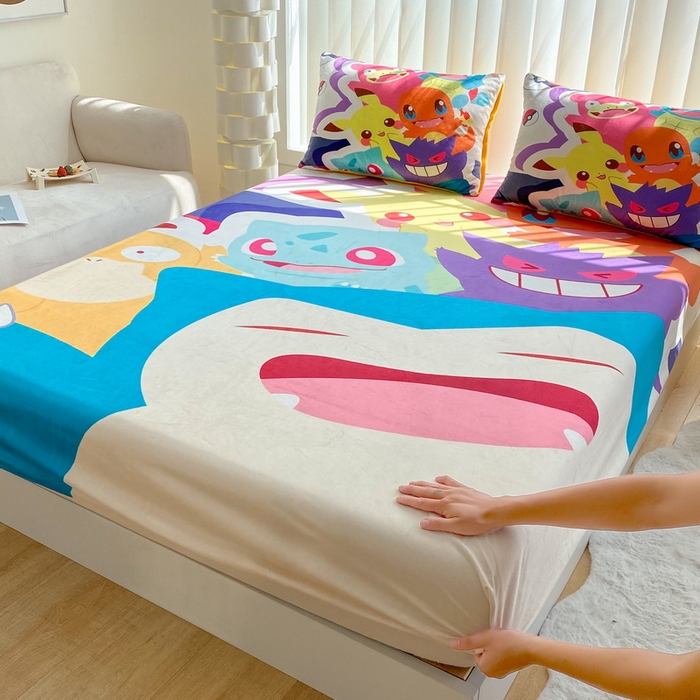 91家纺网 家纺一手货源 找家纺 一电 2025新款跨境电商床笠冬天德芙绒床笠单件加绒加厚绒床罩儿童学生宿舍床垫套床笠罩 嘻嘻皮卡丘