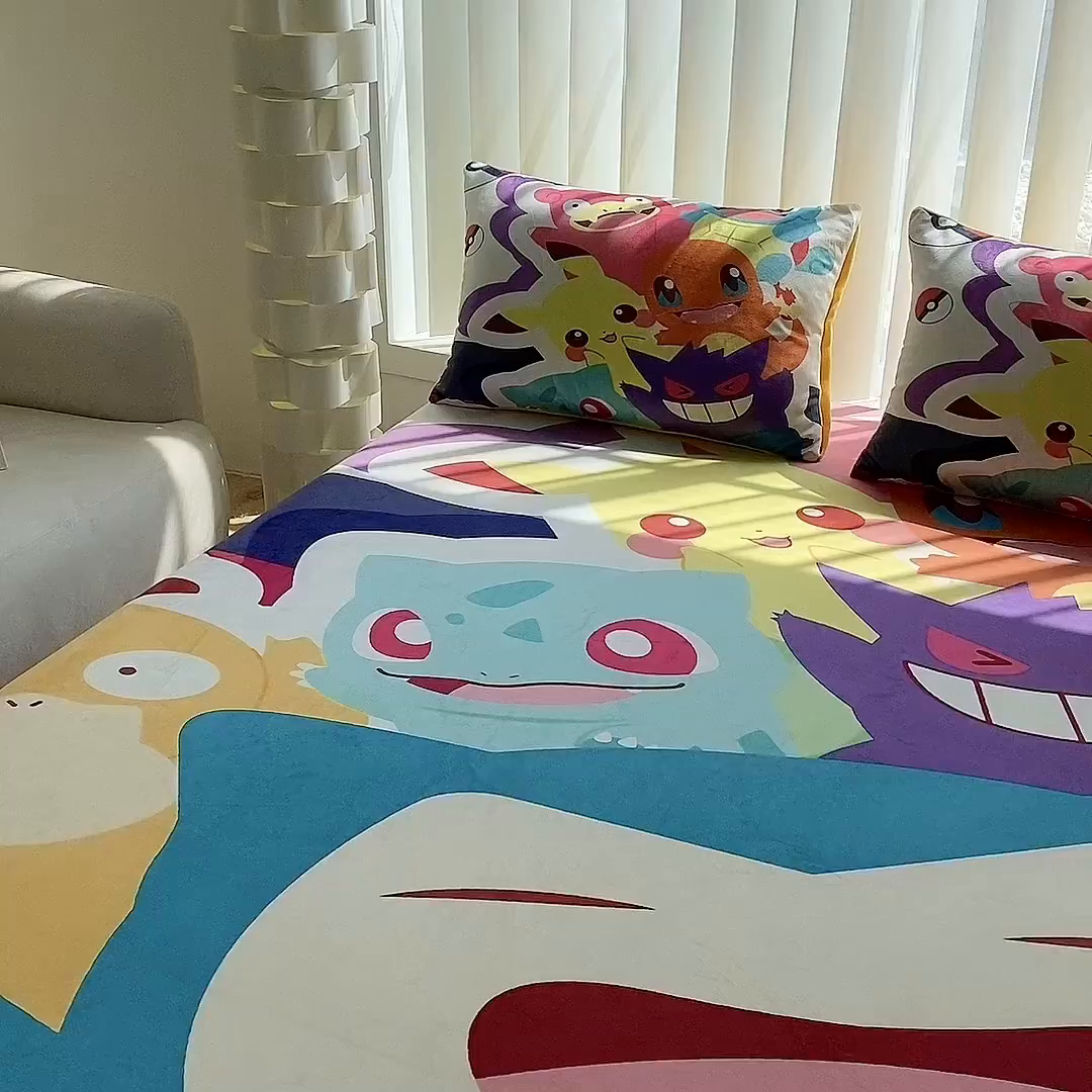 91家纺网 家纺一手货源 找家纺 一电 2025新款跨境电商床笠冬天德芙绒床笠单件加绒加厚绒床罩儿童学生宿舍床垫套床笠罩 嘻嘻皮卡丘