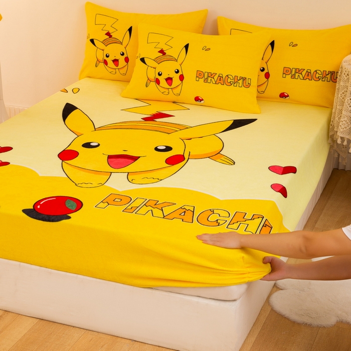 91家纺网 家纺一手货源 找家纺 一电 外贸2025新款卡通珊瑚绒床笠单件床罩冬季加厚牛奶绒床垫保护罩全包床单套 奔跑皮卡丘