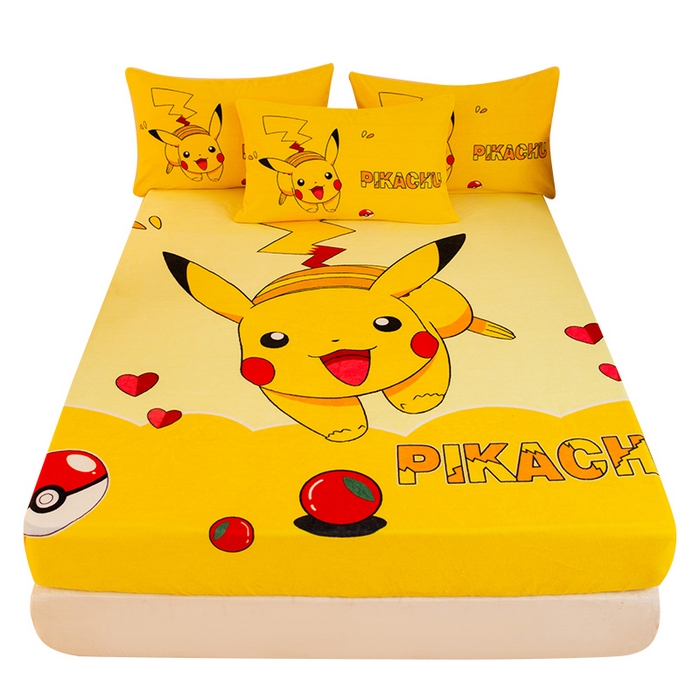 91家纺网 家纺一手货源 找家纺 一电 外贸2025新款卡通珊瑚绒床笠单件床罩冬季加厚牛奶绒床垫保护罩全包床单套 奔跑皮卡丘