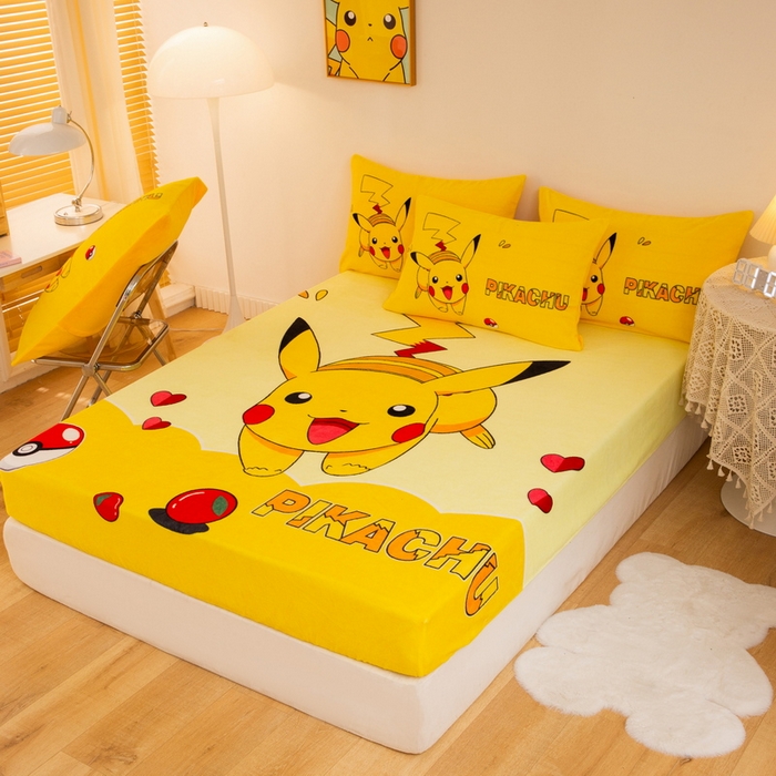 91家纺网 家纺一手货源 找家纺 一电 外贸2025新款卡通珊瑚绒床笠单件床罩冬季加厚牛奶绒床垫保护罩全包床单套 奔跑皮卡丘