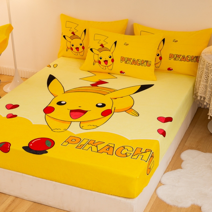 91家纺网 家纺一手货源 找家纺 一电 外贸2025新款卡通珊瑚绒床笠单件床罩冬季加厚牛奶绒床垫保护罩全包床单套 奔跑皮卡丘