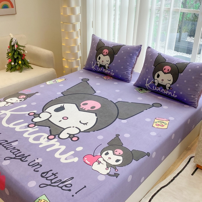 91家纺网 家纺一手货源 找家纺 一电 2025新款跨境电商床笠冬天德芙绒床笠单件加绒加厚绒床罩儿童学生宿舍床垫套床笠罩 圆点库洛米