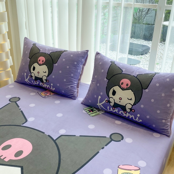 91家纺网 家纺一手货源 找家纺 一电 2025新款跨境电商床笠冬天德芙绒床笠单件加绒加厚绒床罩儿童学生宿舍床垫套床笠罩 圆点库洛米