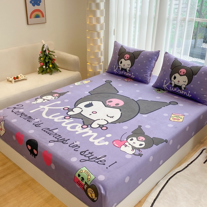 91家纺网 家纺一手货源 找家纺 一电 2025新款跨境电商床笠冬天德芙绒床笠单件加绒加厚绒床罩儿童学生宿舍床垫套床笠罩 圆点库洛米