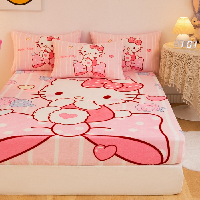 91家纺网 家纺一手货源 找家纺 一电 外贸2025新款卡通珊瑚绒床笠单件床罩冬季加厚牛奶绒床垫保护罩全包床单套 害羞KT