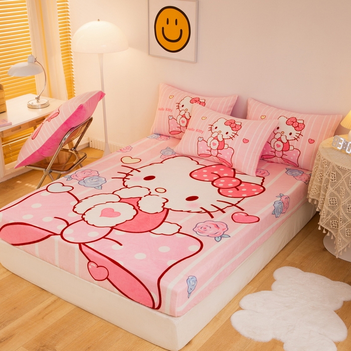 91家纺网 家纺一手货源 找家纺 一电 外贸2025新款卡通珊瑚绒床笠单件床罩冬季加厚牛奶绒床垫保护罩全包床单套 害羞KT