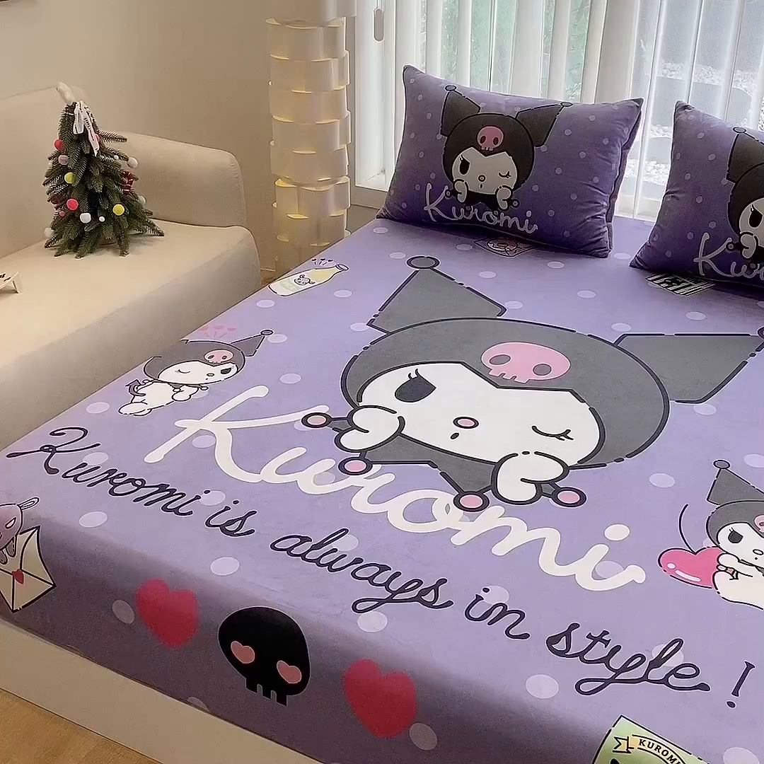 91家纺网 家纺一手货源 找家纺 一电 2025新款跨境电商床笠冬天德芙绒床笠单件加绒加厚绒床罩儿童学生宿舍床垫套床笠罩 圆点库洛米