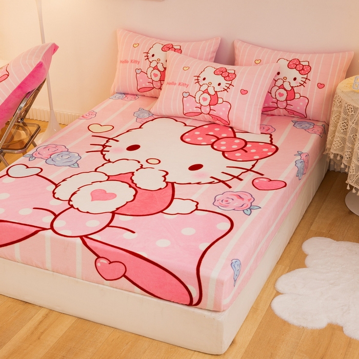 91家纺网 家纺一手货源 找家纺 一电 外贸2025新款卡通珊瑚绒床笠单件床罩冬季加厚牛奶绒床垫保护罩全包床单套 害羞KT