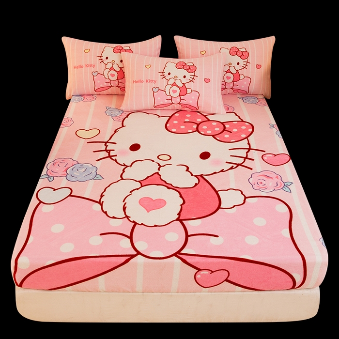 91家纺网 家纺一手货源 找家纺 一电 外贸2025新款卡通珊瑚绒床笠单件床罩冬季加厚牛奶绒床垫保护罩全包床单套 害羞KT