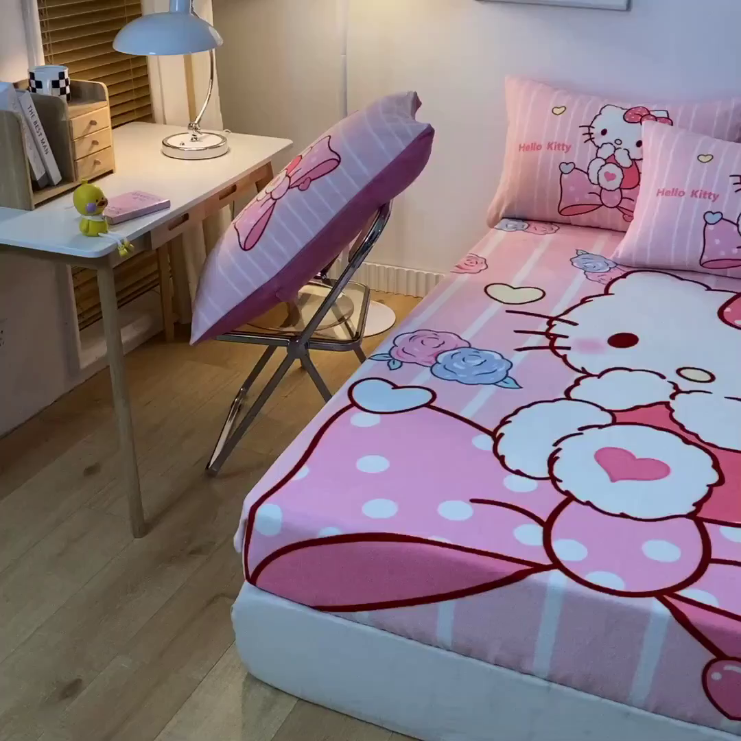 91家纺网 家纺一手货源 找家纺 一电 外贸2025新款卡通珊瑚绒床笠单件床罩冬季加厚牛奶绒床垫保护罩全包床单套 害羞KT