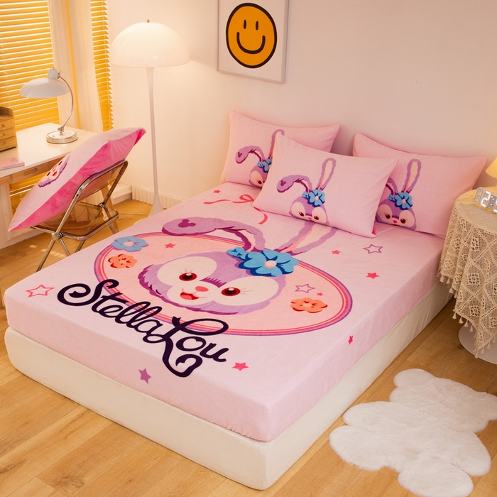 91家纺网 家纺一手货源 找家纺 一电 外贸2025新款卡通珊瑚绒床笠单件床罩冬季加厚牛奶绒床垫保护罩全包床单套 可爱星黛露