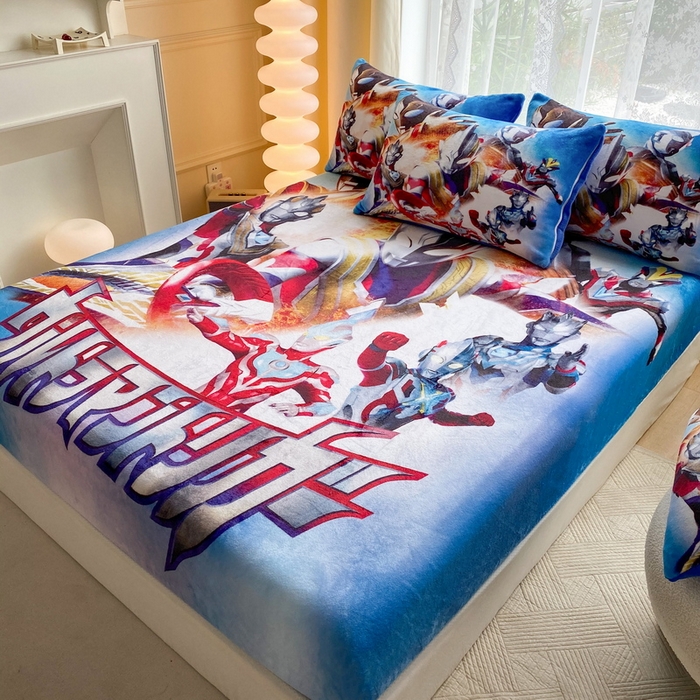 91家纺网 家纺一手货源 找家纺 一电 2025新款卡通珊瑚绒床笠单件床罩冬季加厚牛奶绒床垫保护罩全包床单套-系列二 闪电奥特曼