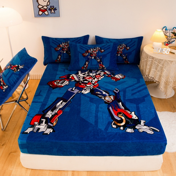 一电 外贸2025新款卡通珊瑚绒床笠单件床罩冬季加厚牛奶绒床垫保护罩全包床单套 擎天柱