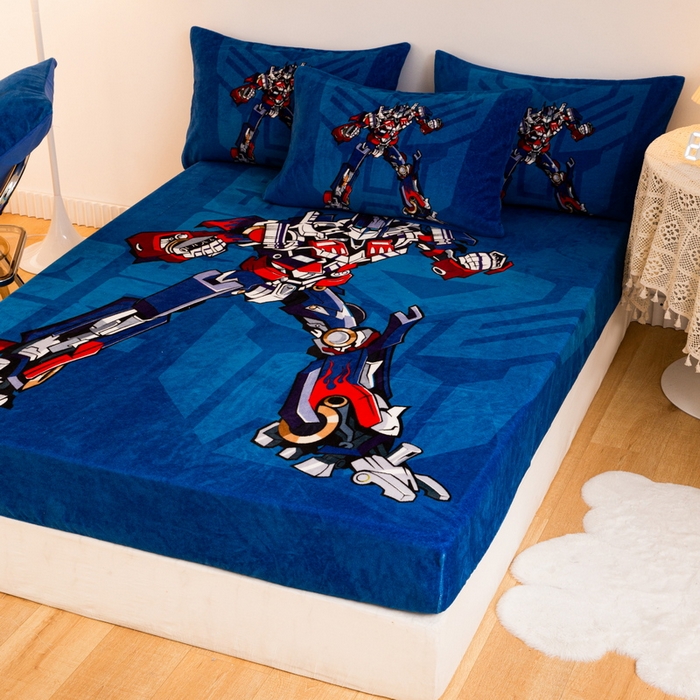 91家纺网 家纺一手货源 找家纺 一电 外贸2025新款卡通珊瑚绒床笠单件床罩冬季加厚牛奶绒床垫保护罩全包床单套 擎天柱